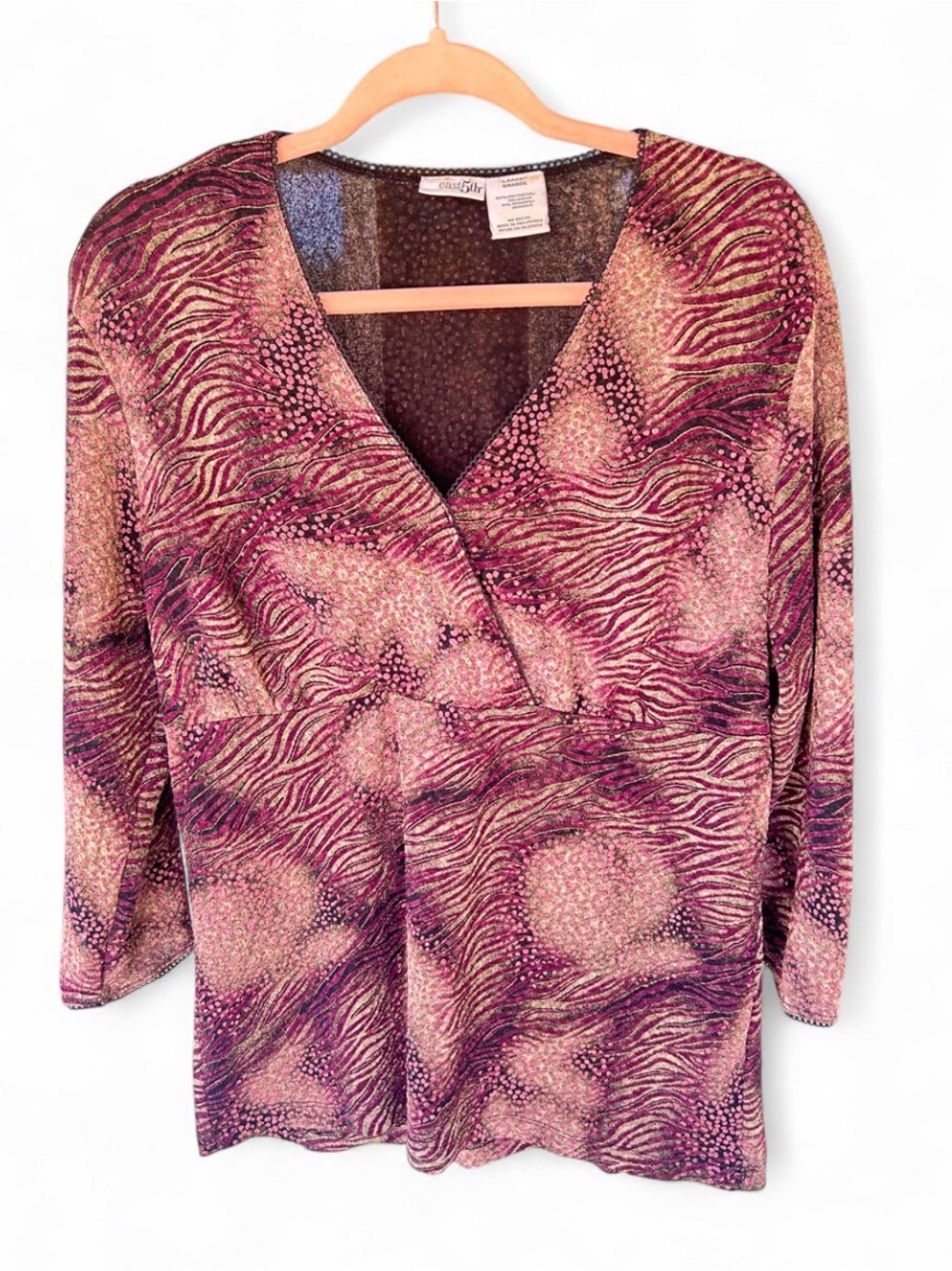 90s/2000s East 5th Magenta & Tan Animal Print Wrap-Style Top with 3/4 Sleeve - L